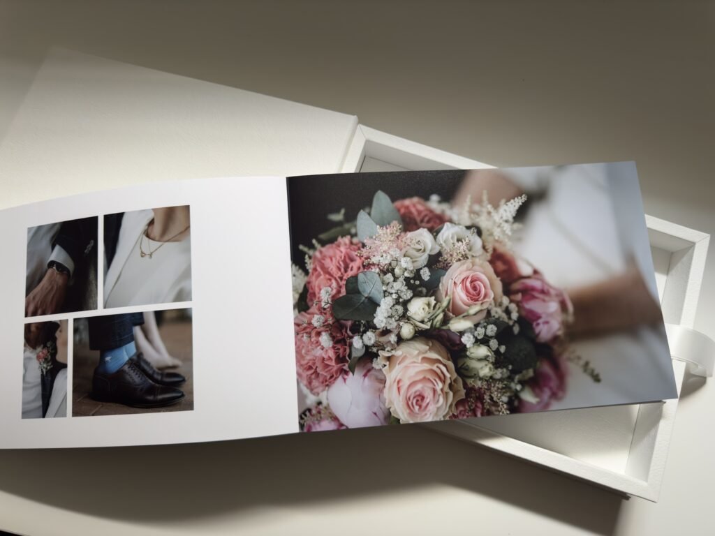 Doppelseite mit Blumenstrauss im Fotobuch