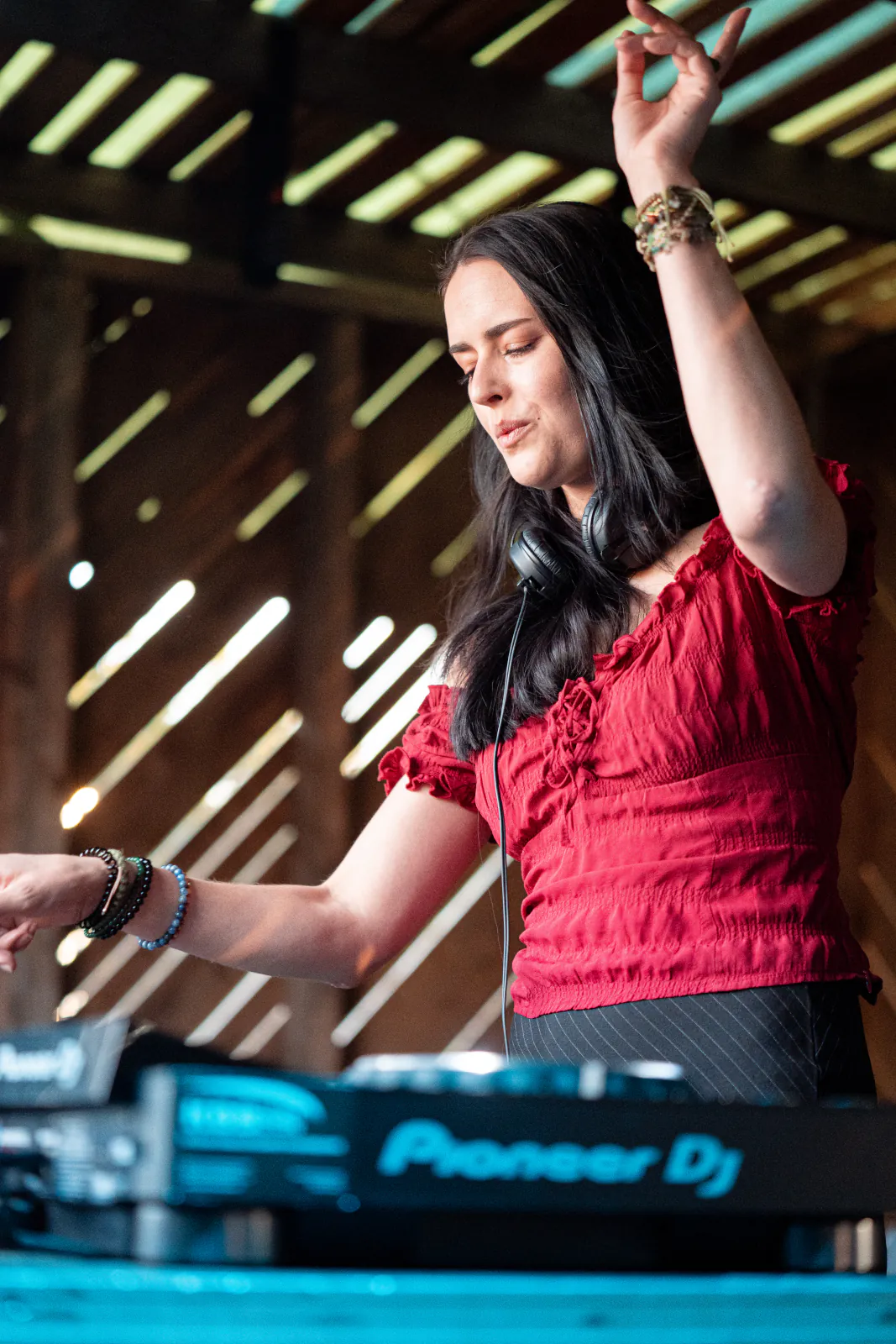 DJane mit erhobener Hand im hölzernen DJ-Pult beim Zauberwald Festival 2026